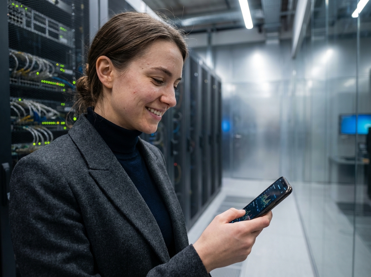 Femme souriante vérifiant un tableau de bord hightech