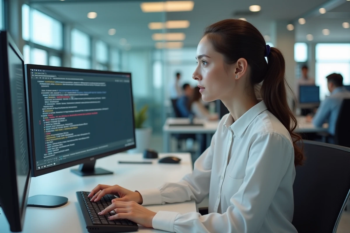 Femme concentrée dans un bureau open space vérifiant une erreur de connexion webmail sur double écran