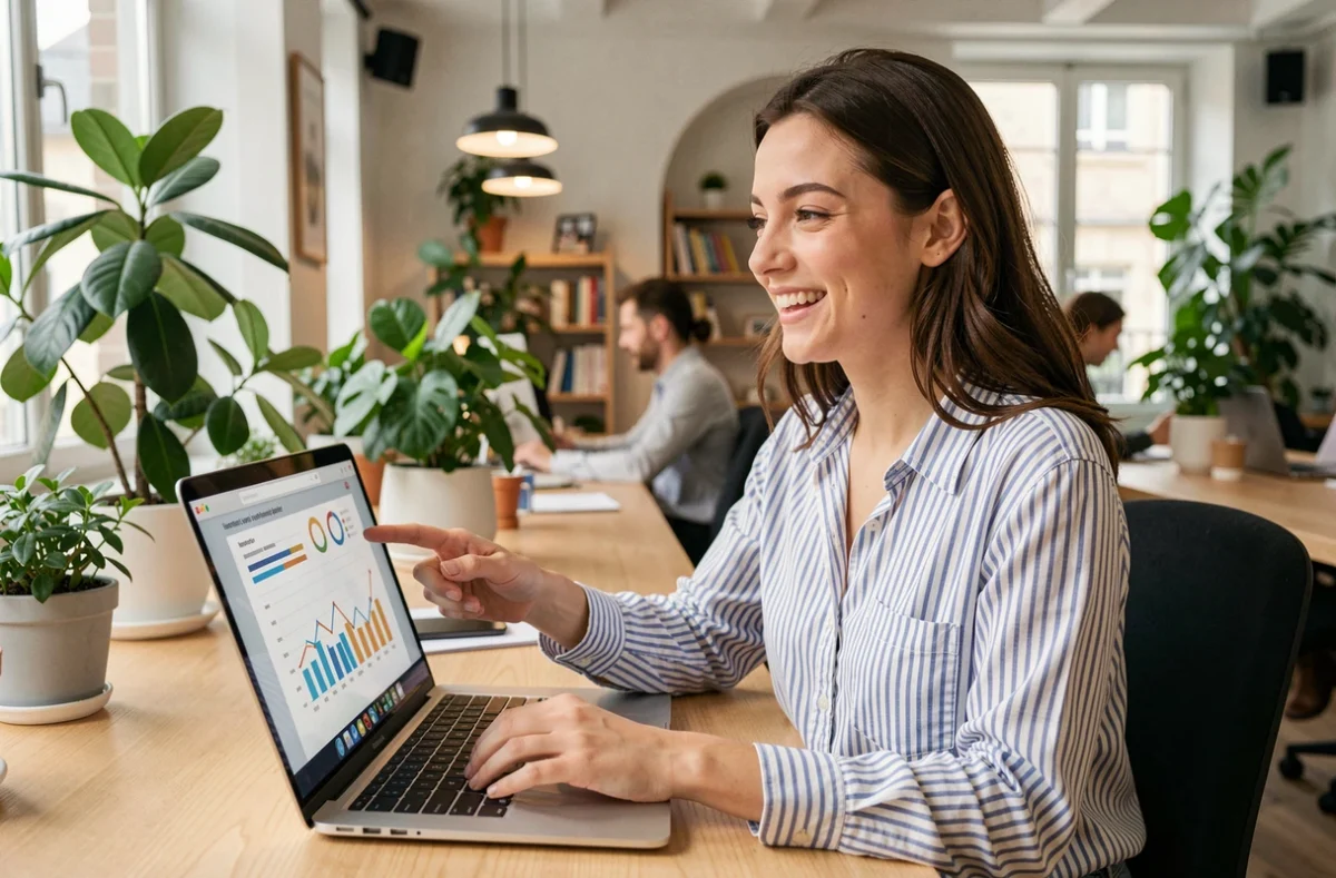 Stratège digitale de Findly présentant un rapport SEO et de génération de leads dans un espace de co-working moderne en Normandie