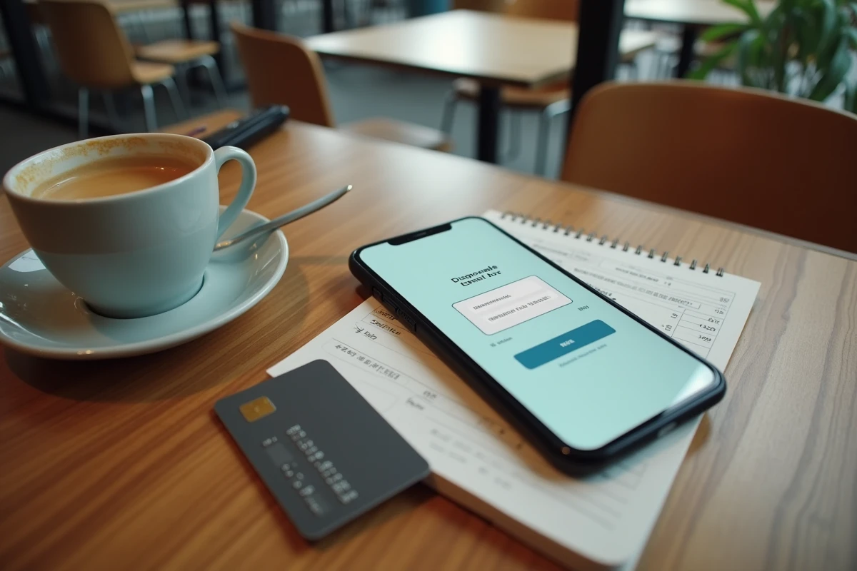 Vue aérienne d'un smartphone affichant une boîte email temporaire Yopmail posé près d'une carte bancaire et de notes de connexion, illustrant les risques de sécurité des emails jetables