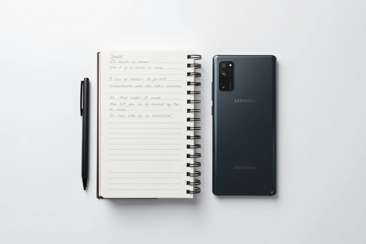 Flat lay d'un Samsung Galaxy avec notes manuscrites pour un test comparatif, guide d'achat smartphone Galaxy