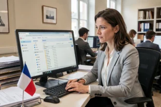 Fonctionnaire utilisant la messagerie Mél sur Melanie2web depuis un poste de travail administratif