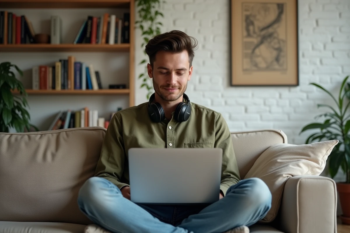 Freelance designer envoyant des fichiers de projet volumineux via un service de transfert sécurisé depuis son domicile