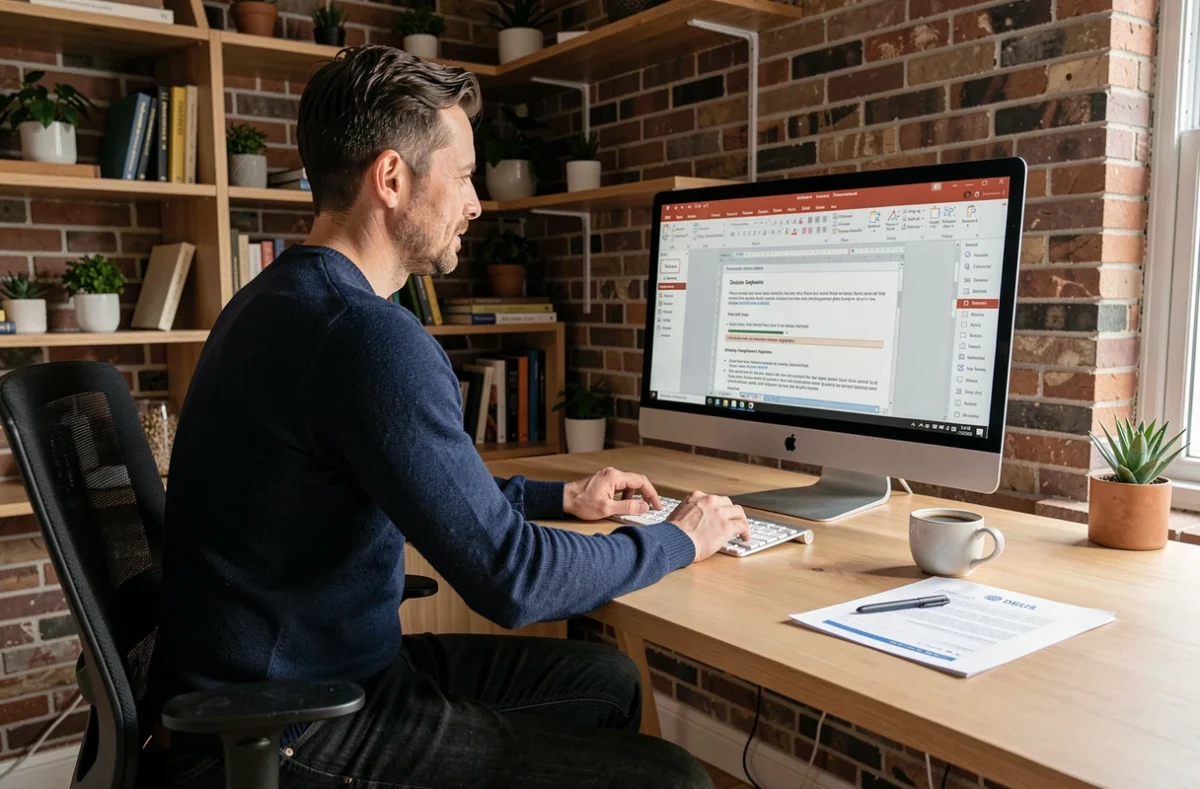 Freelance travaillant sur un devis au format Word depuis son bureau à domicile avec moniteur et documents imprimés