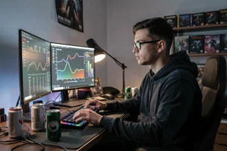 Gamer concentré devant des écrans affichant des données de consommation électrique avec des erreurs de calcul visibles sur son bureau encombré
