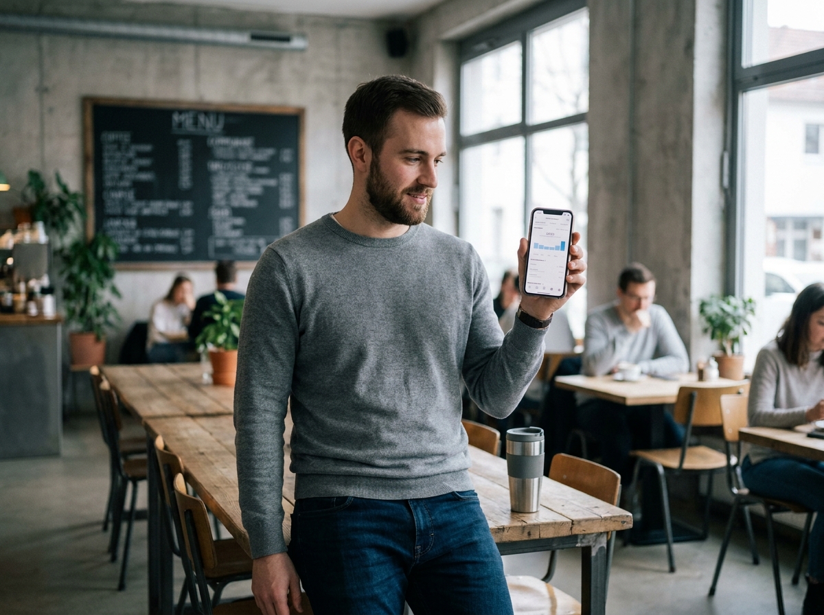 Entrepreneur consultant les statistiques de ses réseaux sociaux sur smartphone dans un espace de travail informel