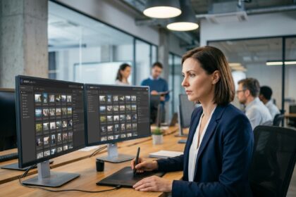 Professionnelle gérant une bibliothèque de ressources numériques sur un logiciel DAM dans un bureau moderne