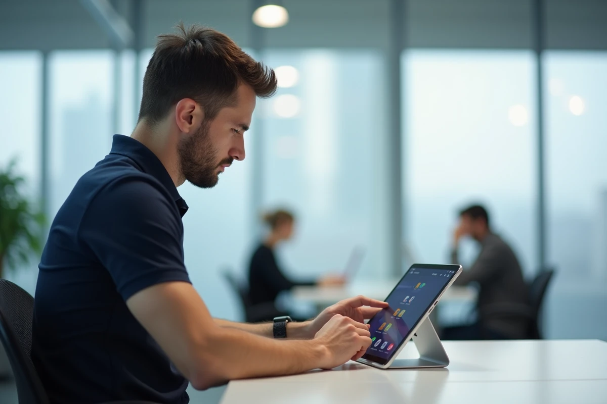 Homme utilisant une tablette Samsung pour accéder au gestionnaire de fichiers et localiser la corbeille sur Android