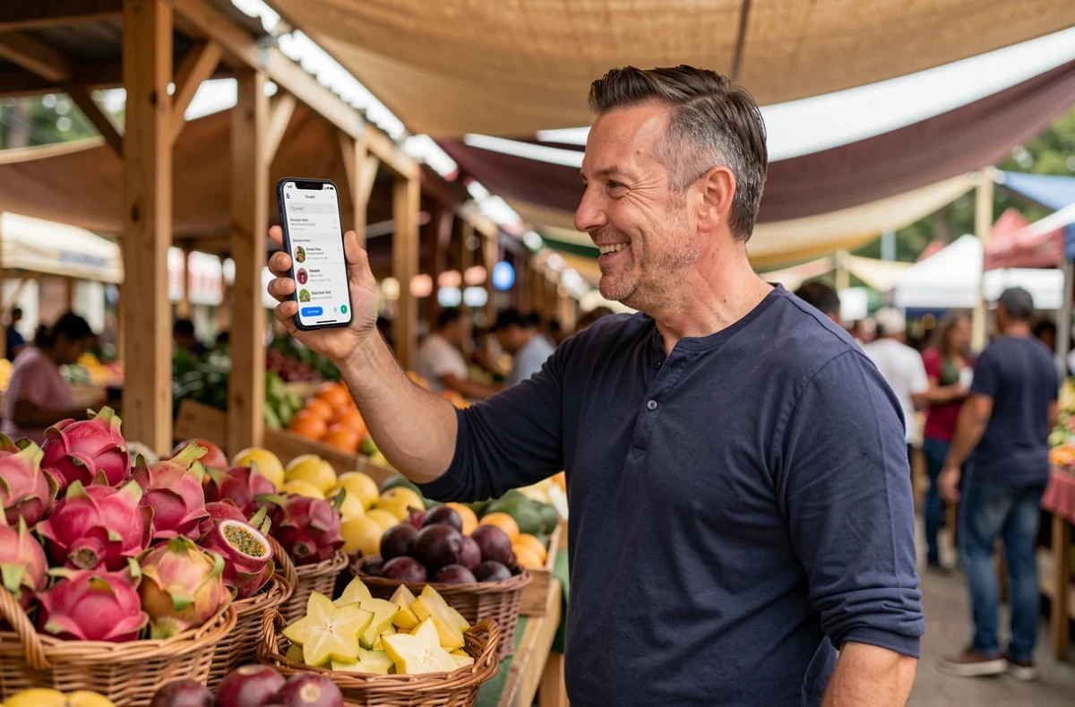 Homme utilisant Google Lens au marché pour identifier des fruits exotiques et trouver des recettes sur son téléphone