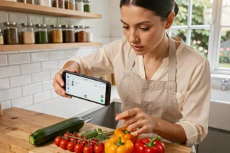 Femme utilisant Google Lens sur smartphone pour identifier des légumes frais sur une planche à découper dans une cuisine moderne