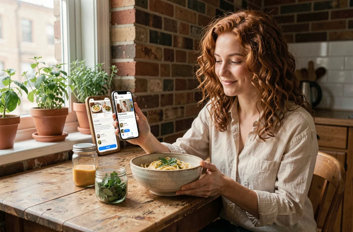 Jeune femme consultant des recettes suggérées par Google Lens sur son smartphone à côté d'un plat de pâtes préparé dans un appartement cosy