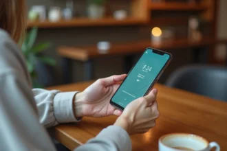 Femme tenant un Google Pixel 8a affichant les statistiques de batterie dans un café