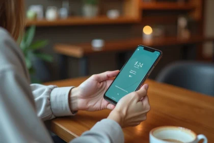 Femme tenant un Google Pixel 8a affichant les statistiques de batterie dans un café