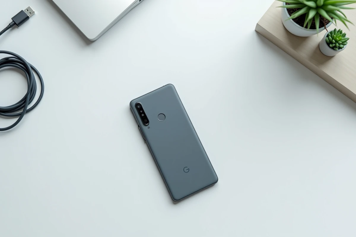 Google Pixel 8a posé sur un bureau blanc avec câble USB-C de charge