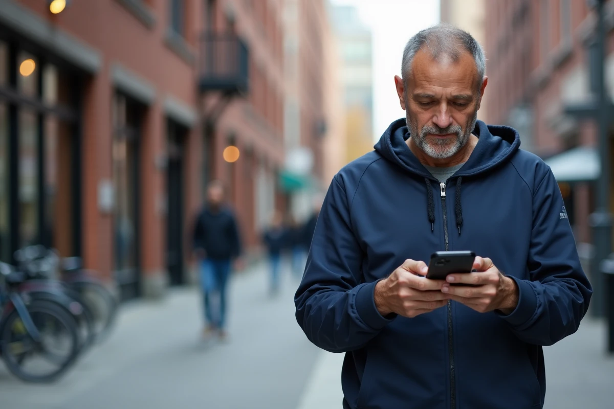 Homme utilisant le Google Pixel 8a en multitâche dans une rue urbaine