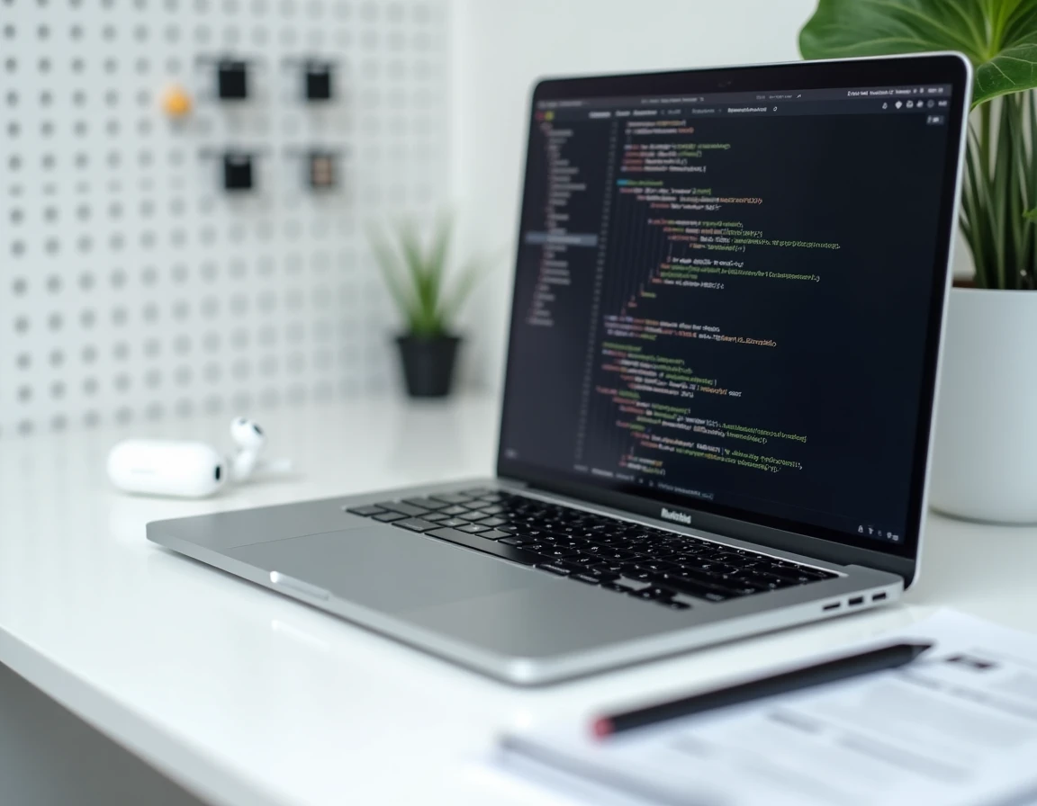Gros plan du clavier et écran du MacBook Air M1 avec accessoires professionnels sur bureau épuré