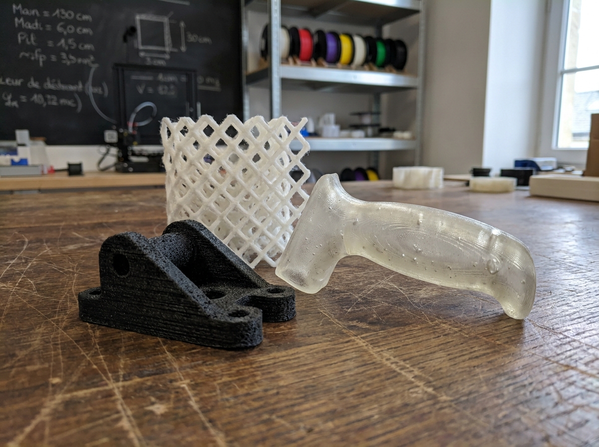Gros plan sur trois prototypes imprimés en 3D aux finitions différentes posés sur un établi d'atelier parisien