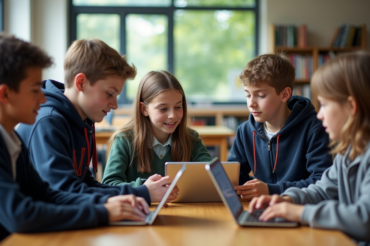 Groupe de collégiens collaborant avec des tablettes en bibliothèque