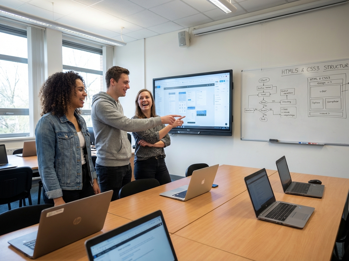 Groupe de jeunes collaborant autour d un écran tactile en classe