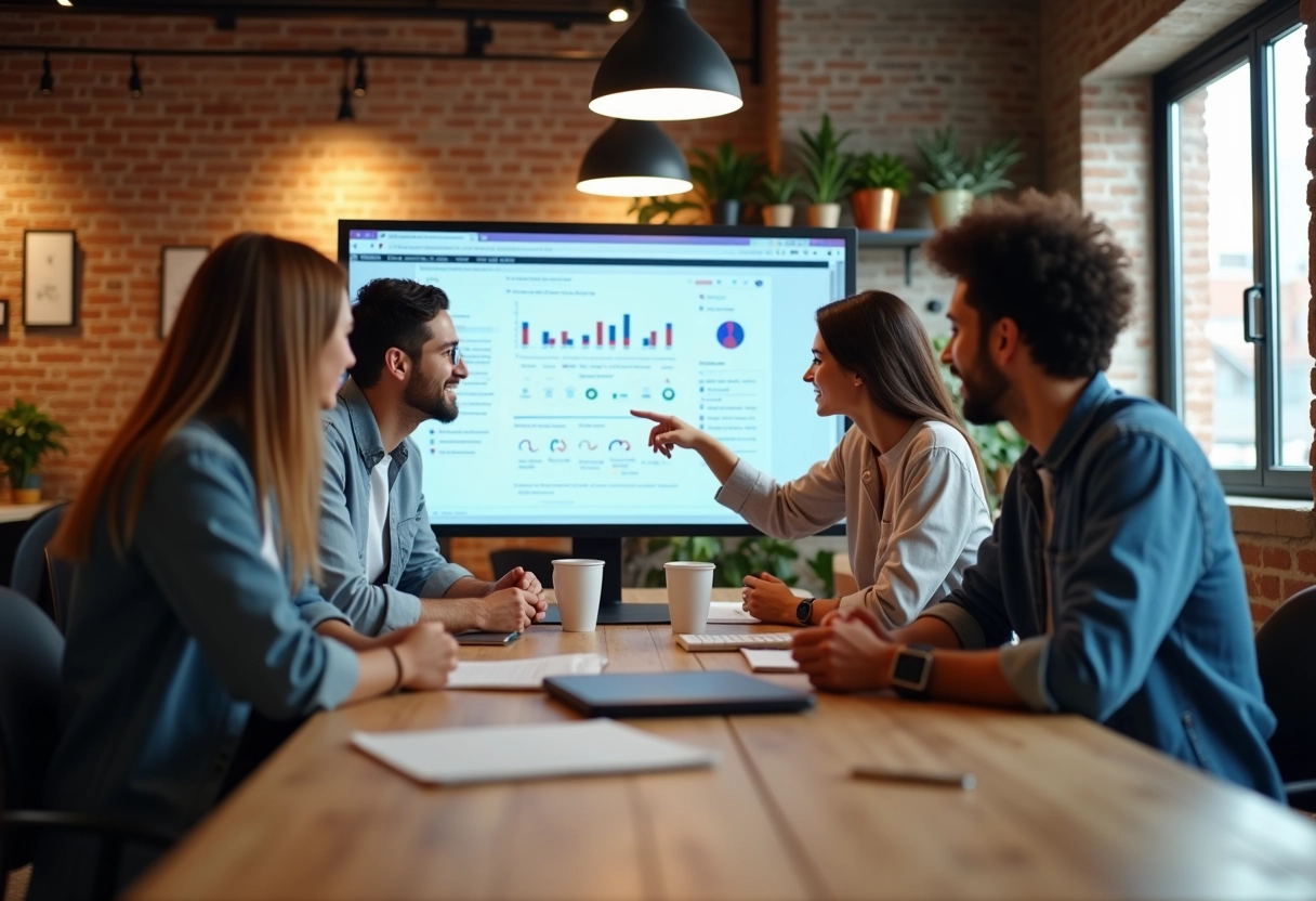 Groupe de jeunes adultes collaborant autour d un écran en coworking