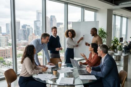 Groupe de professionnels en réunion dans un bureau moderne
