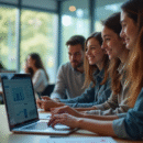 Groupe d'étudiants autour d'un ordinateur portable en salle moderne