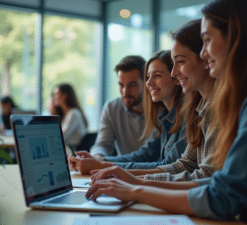 Groupe d'étudiants autour d'un ordinateur portable en salle moderne