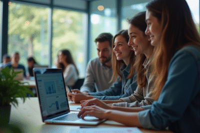 Groupe d'étudiants autour d'un ordinateur portable en salle moderne