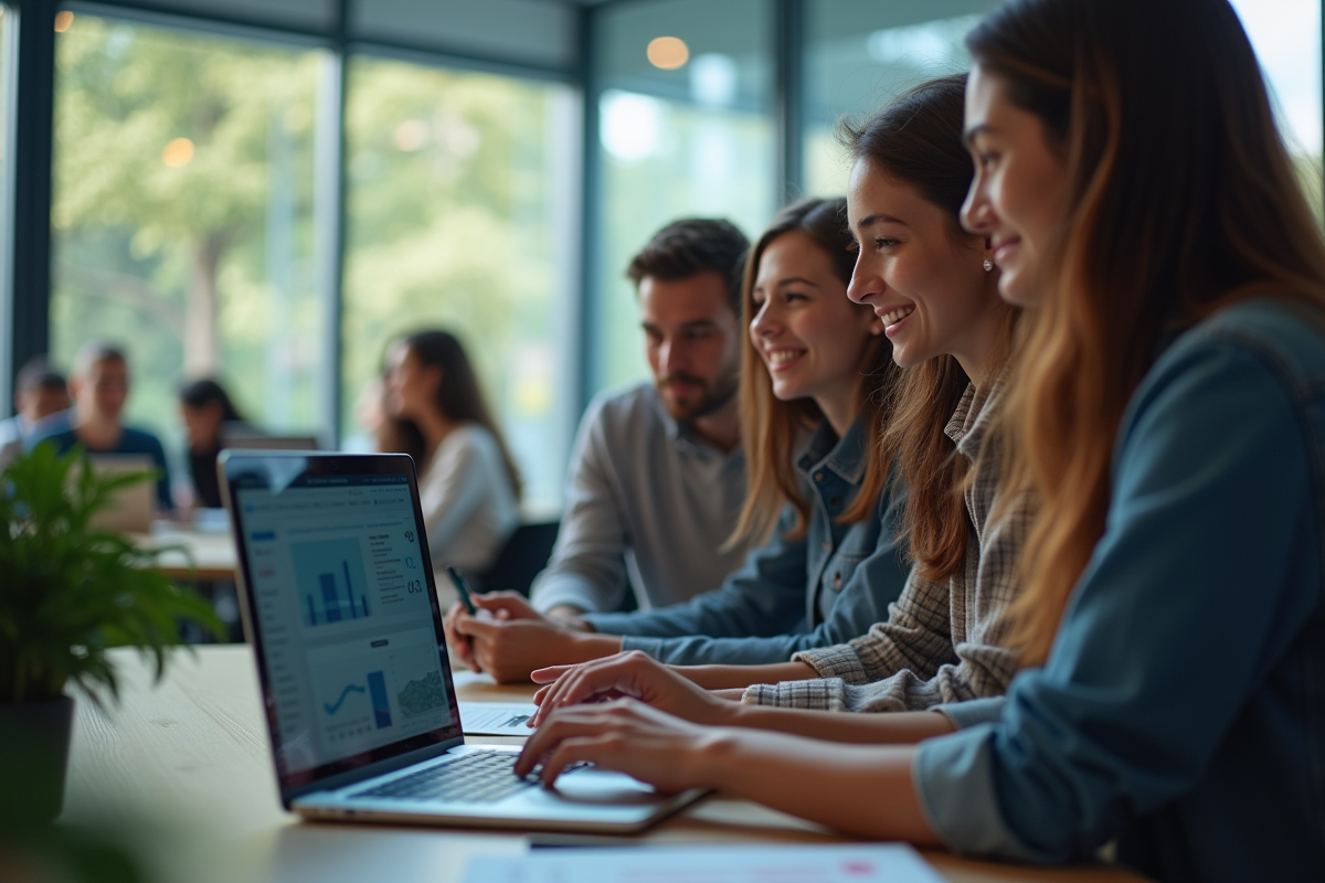 Groupe d'étudiants autour d'un ordinateur portable en salle moderne