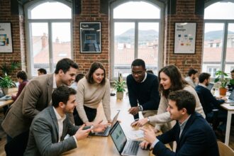 Groupe de jeunes professionnels discutant autour d'un ordinateur dans un coworking à Clermont
