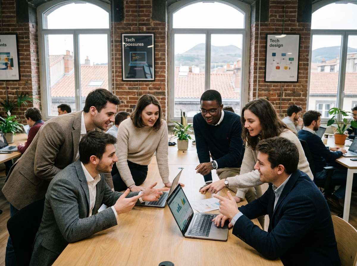 Groupe de jeunes professionnels discutant autour d'un ordinateur dans un coworking à Clermont