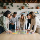 Groupe de jeunes professionnels collaborant autour d'un tableau blanc