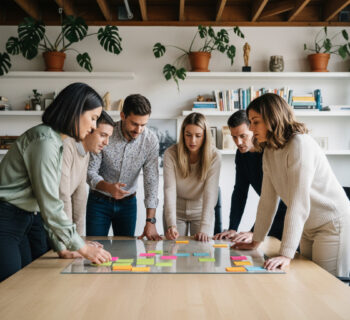 Groupe de jeunes professionnels collaborant autour d'un tableau blanc