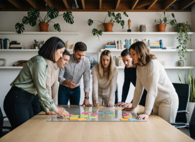 Groupe de jeunes professionnels collaborant autour d'un tableau blanc