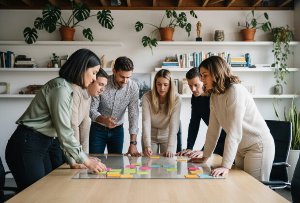 Groupe de jeunes professionnels collaborant autour d'un tableau blanc