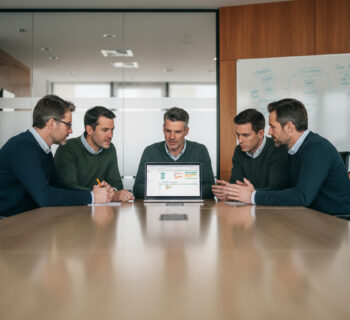 Groupe de collègues en réunion autour d'un ordinateur