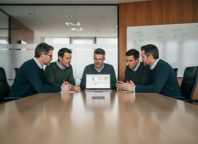 Groupe de collègues en réunion autour d'un ordinateur
