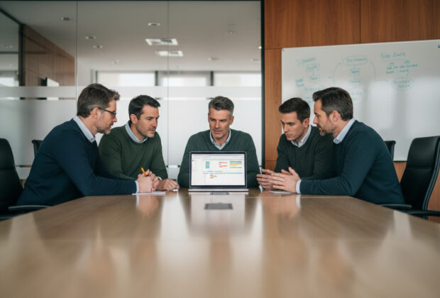 Groupe de collègues en réunion autour d'un ordinateur