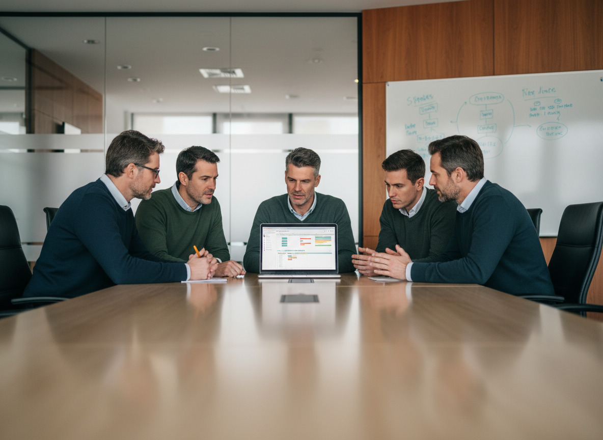 Groupe de collègues en réunion autour d'un ordinateur