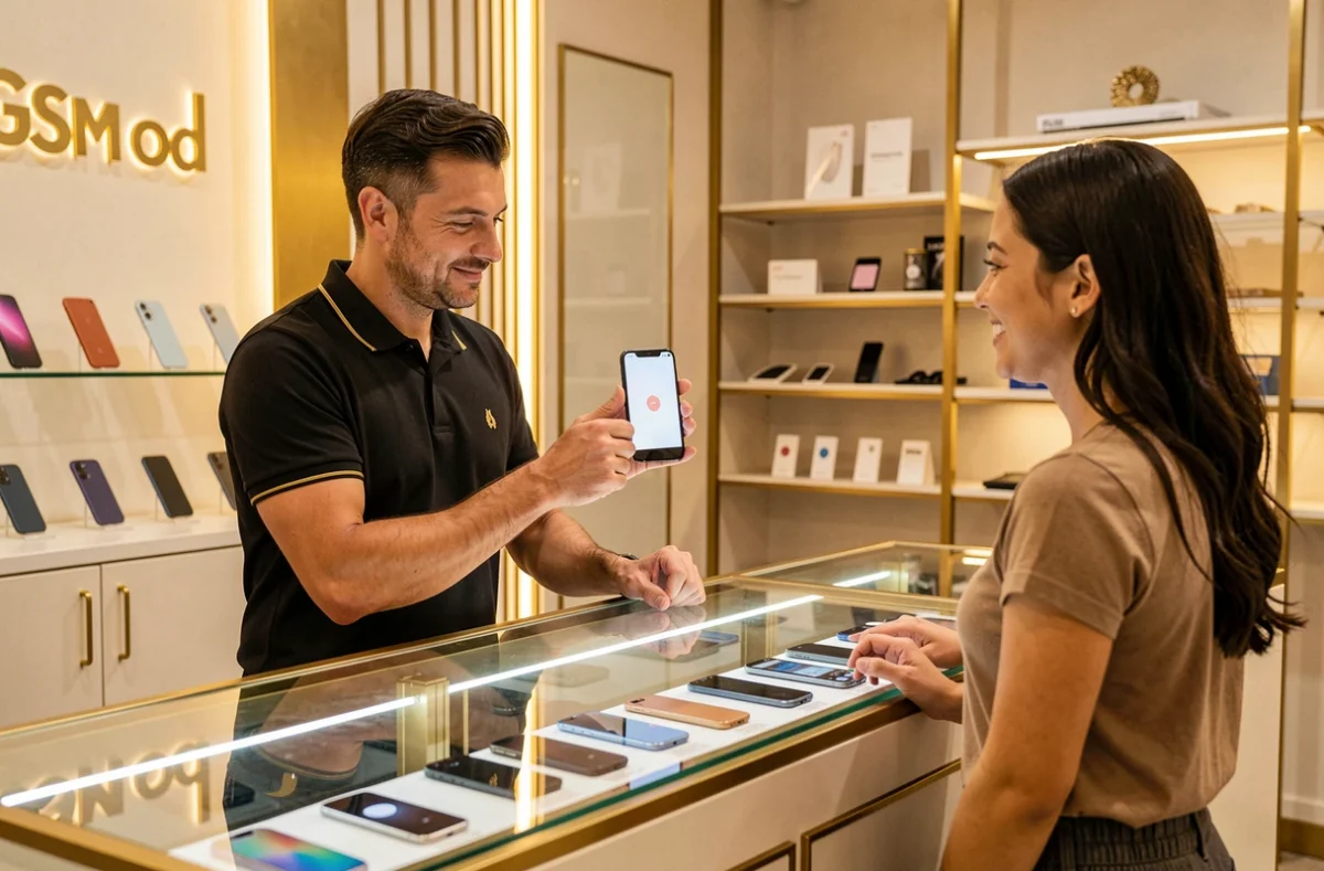 Technicien de Gsm Gold présentant un smartphone réparé à une cliente satisfaite dans la boutique