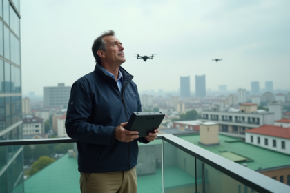 Homme en veste navy avec anti-drone sur balcon urbain