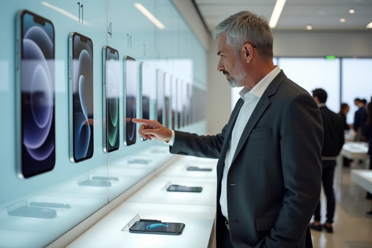 Homme en blazer examinant une rangée d'iPhones incluant l'iPhone 14 dans une boutique Apple officielle