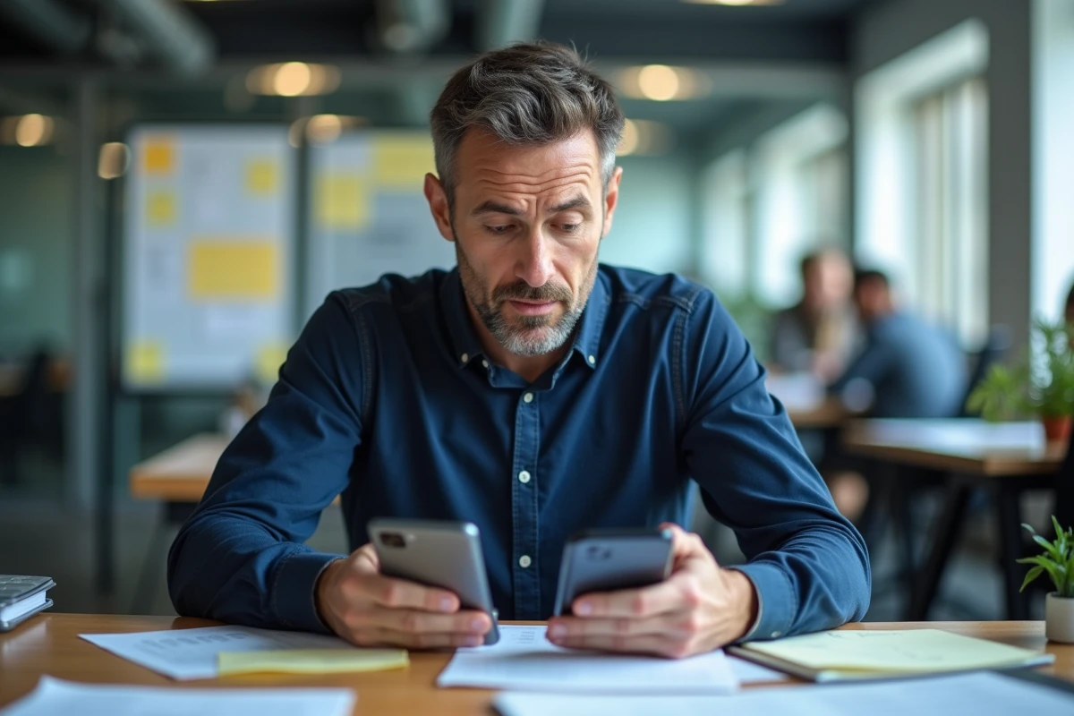 Homme en bureau comparant le presse-papier entre deux appareils Android avec une expression perplexe