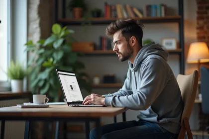Homme au bureau utilisant un ordinateur pour la securite internet