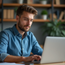 Homme en tenue décontractée travaillant sur un ordinateur dans un bureau