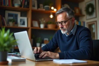Homme d'âge moyen travaillant sur un ordinateur dans un bureau cosy