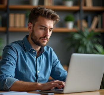 Homme en tenue décontractée travaillant sur un ordinateur dans un bureau