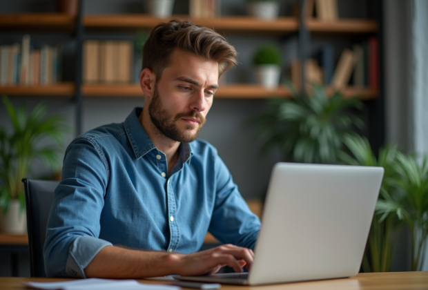 Homme en tenue décontractée travaillant sur un ordinateur dans un bureau