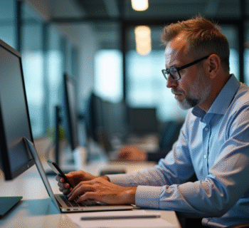 Homme d'âge moyen travaillant au bureau avec ordinateur et smartphone