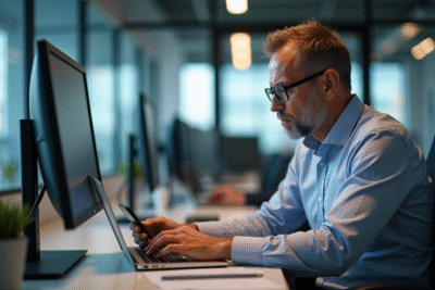 Homme d'âge moyen travaillant au bureau avec ordinateur et smartphone